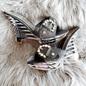 Jeweled Mirrored Denim Wedges